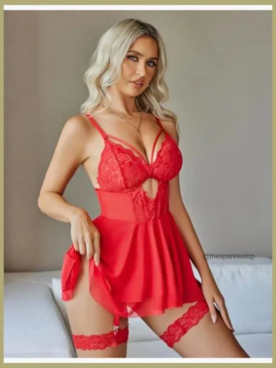 Lace Babydoll Chemise with Garter Belt, 90% Nylon 10% Spandex - Picture 5 of 7